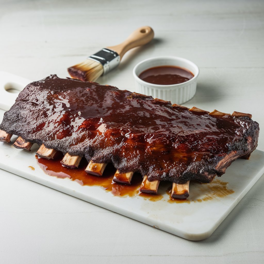 A photo of a luscious rack of BBQ ribs on a sleek white cutting board. The ribs have a dark mahogany glaze and are lacquered with a thick, caramelized sauce. The bone ends are slightly visible, showcasing the tenderness of the ribs. A basting brush and a small bowl of extra sauce are placed next to the ribs. The setup is on a bright plain white kitchen countertop.