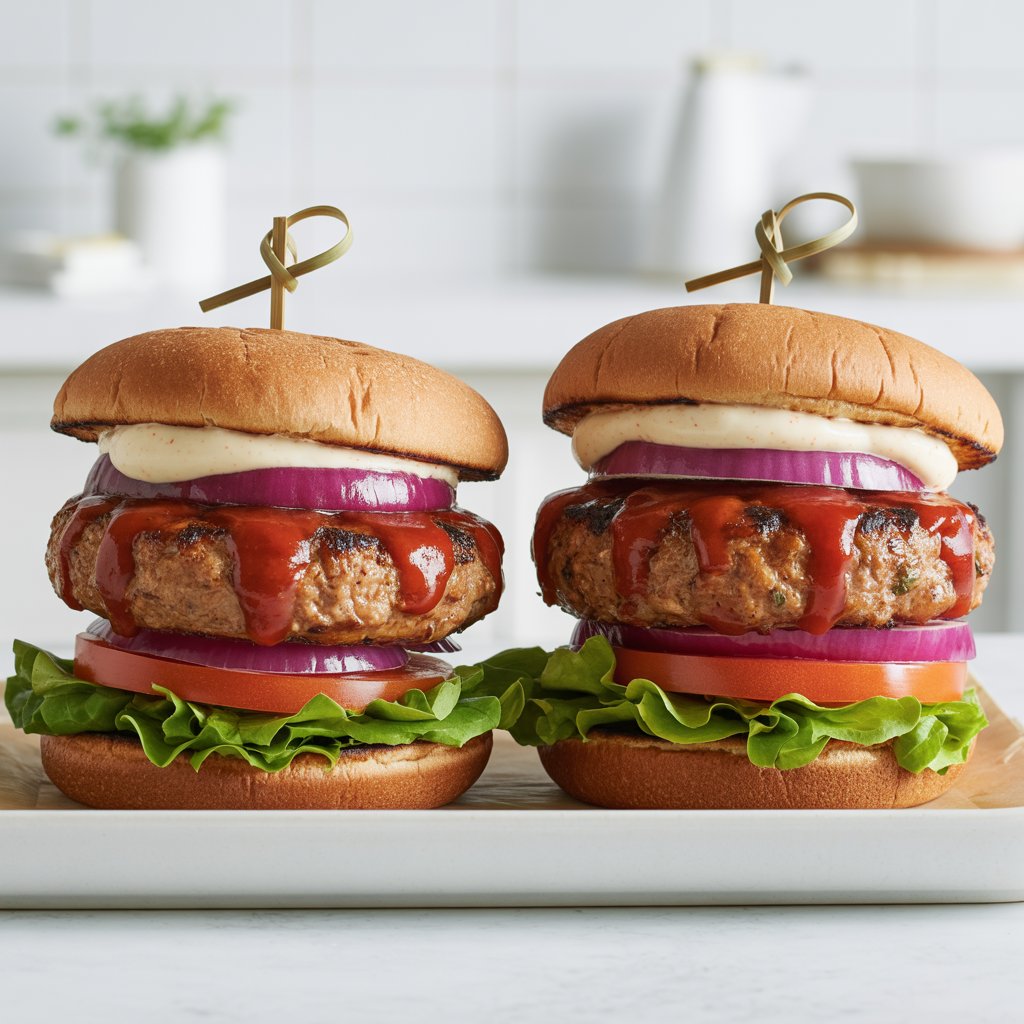 A photograph of two towering BBQ turkey burgers stacked on toasted whole-wheat buns, presented on a stark white plate. Each burger features a juicy patty deeply etched with grill marks and glazed with a vibrant tangy BBQ sauce, generously layered with crisp lettuce, a bright red onion slice, plump tomato slices, and a creamy swirl of garlic aioli. A single bamboo pick secures each burger, adding a touch of rustic charm. Bathed in bright, diffused natural light against a clean white kitchen countertop, the burgers appear ready for a satisfying and wholesome meal.