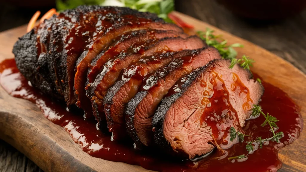 Sliced brisket with a rich BBQ sauce, served on a wooden board.