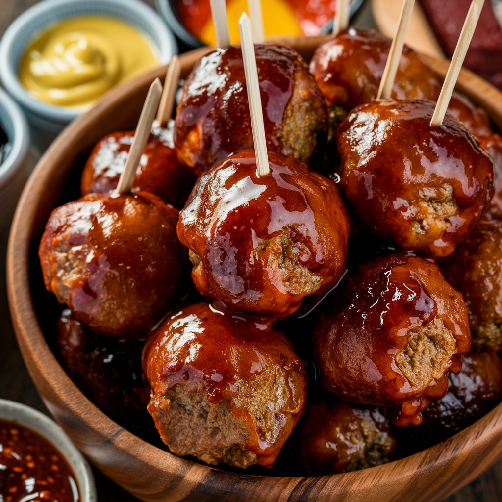 A mouthwatering photo of succulent BBQ meatballs served in a wooden bowl. The meatballs are glazed with a rich, savory sauce, and are artfully arranged with small wooden toothpicks sticking out. Surrounding the bowl, there is a selection of dipping sauces, including a tangy mustard and a spicy chili sauce. The overall presentation is rustic and inviting, perfect for a casual gathering or a backyard barbecue.