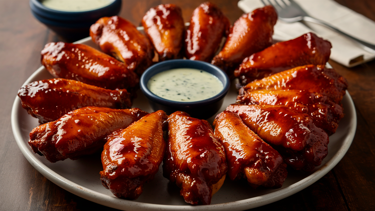 A mouthwatering plate of glazed BBQ chicken wings, arranged in a circular pattern, exuding an irresistible aroma. Each wing is glistening with a sticky, sweet, and tangy sauce, with a touch of smoke and spice. In the background, a small bowl of dipping sauce, likely a blue cheese or ranch, is neatly placed, inviting a perfect complement to the flavorful wings. A couple of napkins are folded neatly to the side, hinting at the messy, yet satisfying, indulgence that awaits the eager diner.