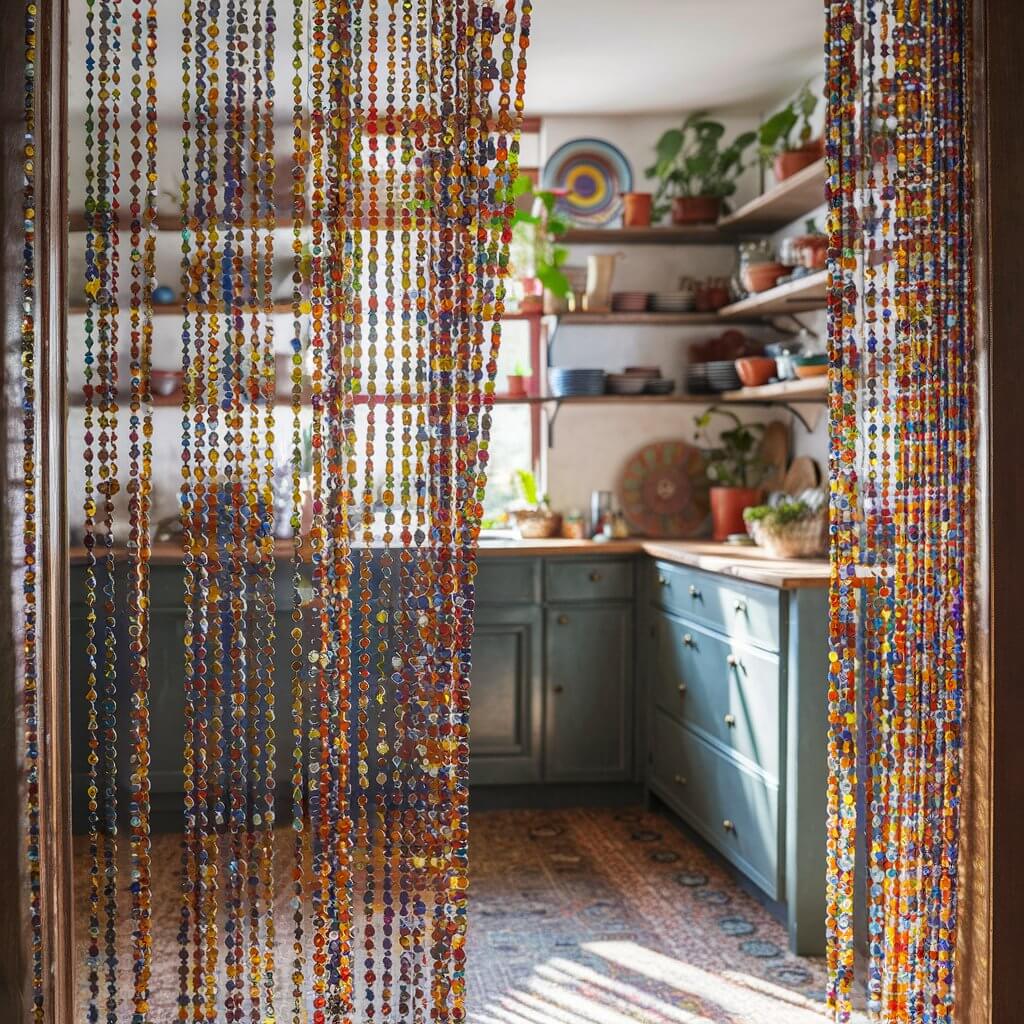 A captivating close-up of a beaded curtain in a bohemian kitchen, where the multicolored beads elegantly drape in the doorway. The sunlight filters through, casting a kaleidoscope of colors onto the floor and walls. The open shelves are adorned with mismatched dishes, potted plants, and artisanal decor, creating a vibrant and eclectic atmosphere. The handmade feel of the space exudes warmth and invitation, making it a whimsical and artistic haven.