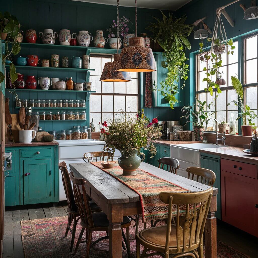 a close-up shot of The bohemian kitchen is an eclectic and inviting space, brimming with warmth and character. The walls are painted in a deep, rich teal, providing a bold and vibrant backdrop that enhances the room's colorful and artistic ambiance. Open shelves lined with mismatched, hand-painted ceramics and glass jars filled with spices add a touch of whimsy and practicality.

A rustic wooden table, surrounded by an assortment of vintage chairs, sits in the center of the room, topped with a vibrant woven table runner and a vase filled with wildflowers. The kitchen is illuminated by a mix of natural light from large windows and the warm glow of pendant lamps with intricately patterned shades.

Plants of various sizes and types are scattered throughout, hanging from the ceiling, perched on windowsills, and nestled in corners, adding lush greenery that contrasts beautifully with the teal walls. Colorful rugs with intricate patterns cover parts of the wooden floor, adding texture and comfort.

The cabinets are a mix of open and closed storage, painted in a variety of bright colors, and adorned with unique, hand-crafted handles. A collection of eclectic artwork, including framed prints, woven textiles, and decorative plates, adorns the walls, creating a gallery-like feel that further enhances the bohemian vibe.

Overall, the kitchen exudes a sense of creativity, warmth, and individuality, inviting anyone who enters to linger and enjoy the vibrant and cozy atmosphere.