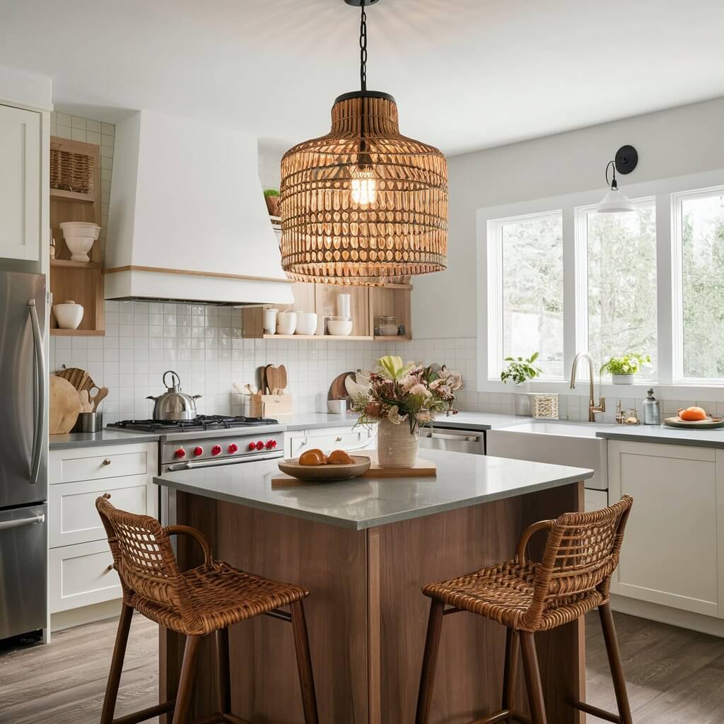 Image of a bohemian kitchen with a rattan pendant light fixture as the focal point.