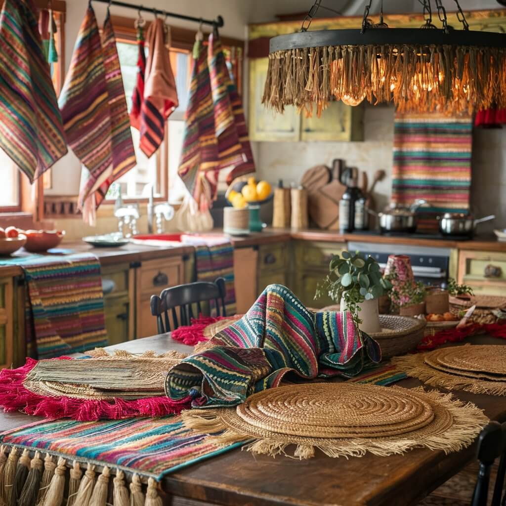 A harmonious bohemian kitchen filled with vibrant textiles and eclectic elements. The room features patterned tea towels hanging on a rack, with colorful stripes and floral prints intertwined. Woven placemats lay elegantly on a wooden dining table, draped with a mix of tasseled and fringed trims. A rustic chandelier hangs overhead, casting warm and inviting lights that illuminate the room. The overall atmosphere is cozy and charming, with an eclectic mix of textures and patterns that bring life to the space.