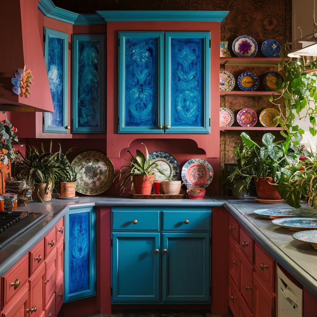 A vibrant, eclectic kitchen scene featuring boldly painted kitchen cabinets in a rich, enchanting color. The cabinets stand out against the backdrop of a bohemian-styled kitchen, adorned with mismatched plates, colorful fabrics, and an assortment of potted plants. The space exudes a warm, inviting atmosphere with its rich textures, warm lighting, and cheerful accents.