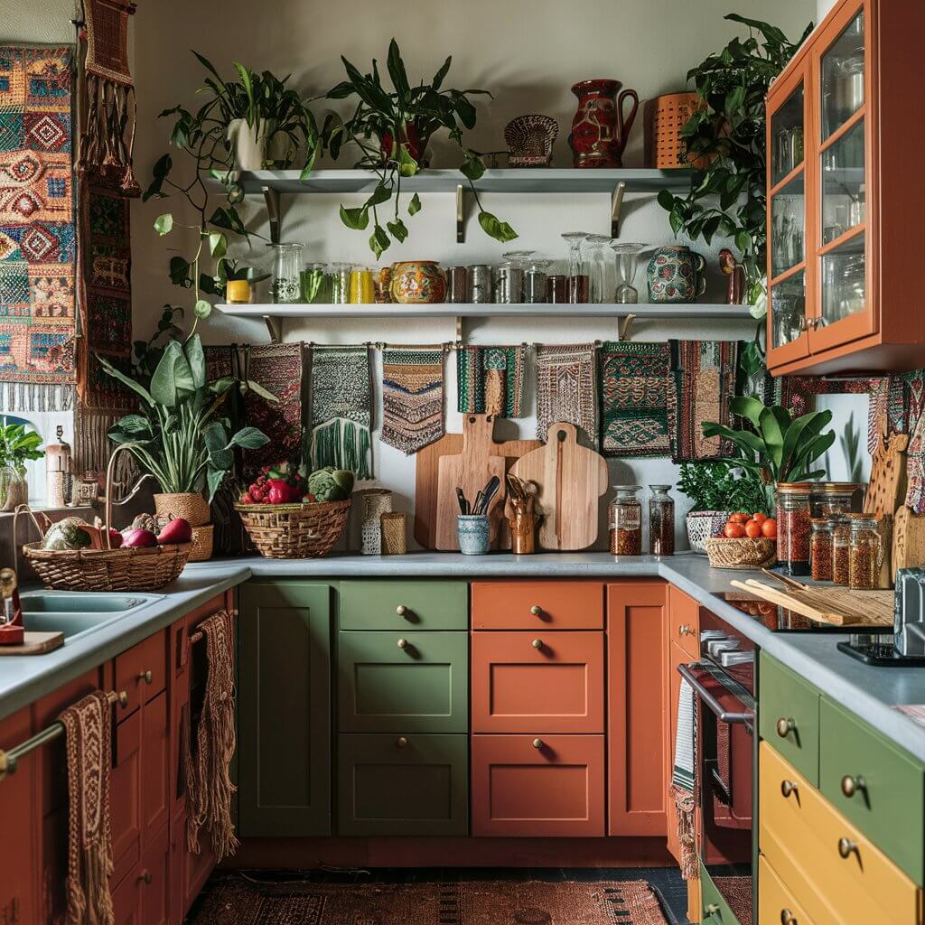 a close-up shot of A kitchen decorated with Boho art exudes an eclectic and vibrant atmosphere. Imagine stepping into a space where the walls are adorned with an array of colorful, handcrafted tapestries and macramé hangings. Shelves display an assortment of quirky ceramics, vintage glassware, and potted plants in unique, mismatched pots, adding a touch of greenery and life. The cabinets and drawers might be painted in earthy tones like terracotta, deep greens, and warm yellows, creating a warm and inviting palette.

The countertops are cluttered, but in a charming way, with wooden cutting boards, woven baskets filled with fresh produce, and jars of spices that hint at exotic flavors. A rug with intricate geometric patterns covers part of the floor, providing a soft contrast to the wooden or tiled surface. The dining area, perhaps a rustic wooden table surrounded by an assortment of chairs, each different in style but cohesive in their Boho charm, invites gatherings and shared meals.

Pendant lights with wicker or rattan shades hang from the ceiling, casting a warm and cozy glow. Open shelves showcase more artwork, from small paintings to travel souvenirs, each piece telling a story. The overall feel is one of creativity and warmth, where every item feels collected and cherished, contributing to the unique, free-spirited aesthetic of the Boho style.