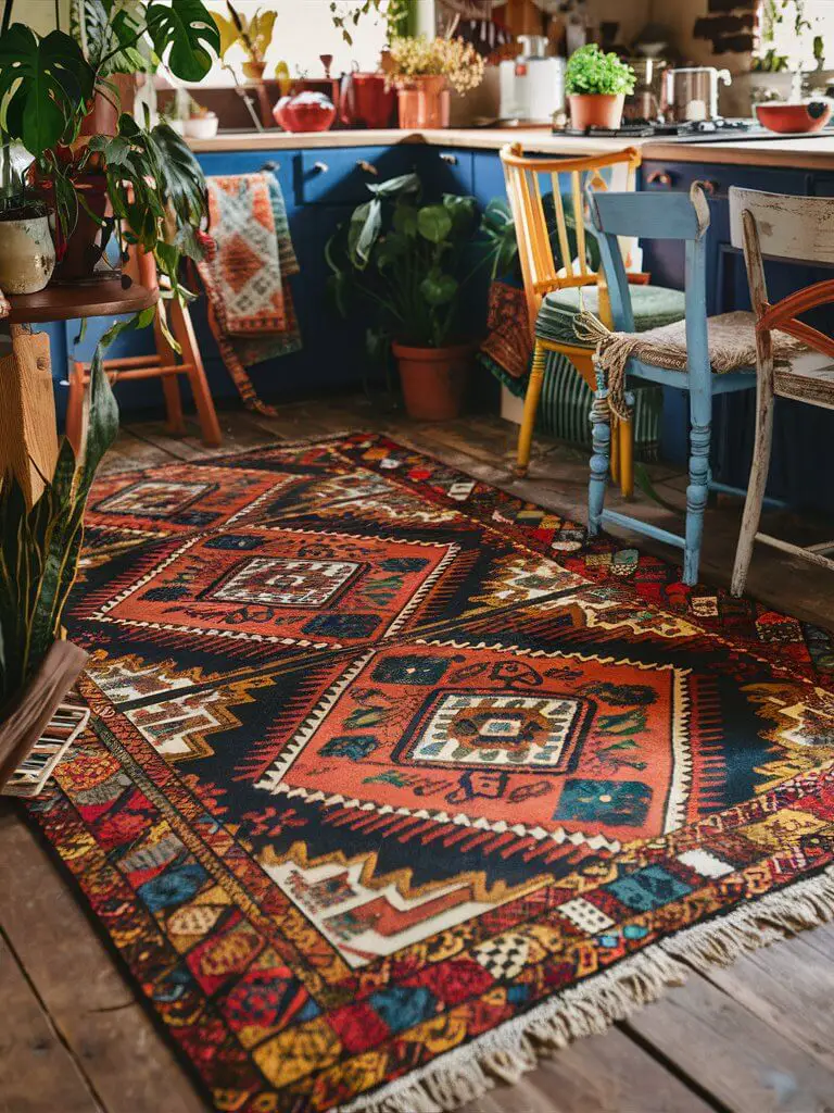 A stunning, close-up shot of a boho rug adorning a rustic wooden kitchen floor. The rug features bold patterns and vibrant colors, with intricate geometric designs that capture the eye. Surrounding the rug, the kitchen is decorated in a bohemian style, showcasing mismatched chairs, potted plants, and vintage kitchenware. The eclectic mix of elements creates a cozy, artistic atmosphere, exuding warmth and creativity. The rug, in perfect harmony with the surroundings, truly embodies the essence of the bohemian lifestyle.