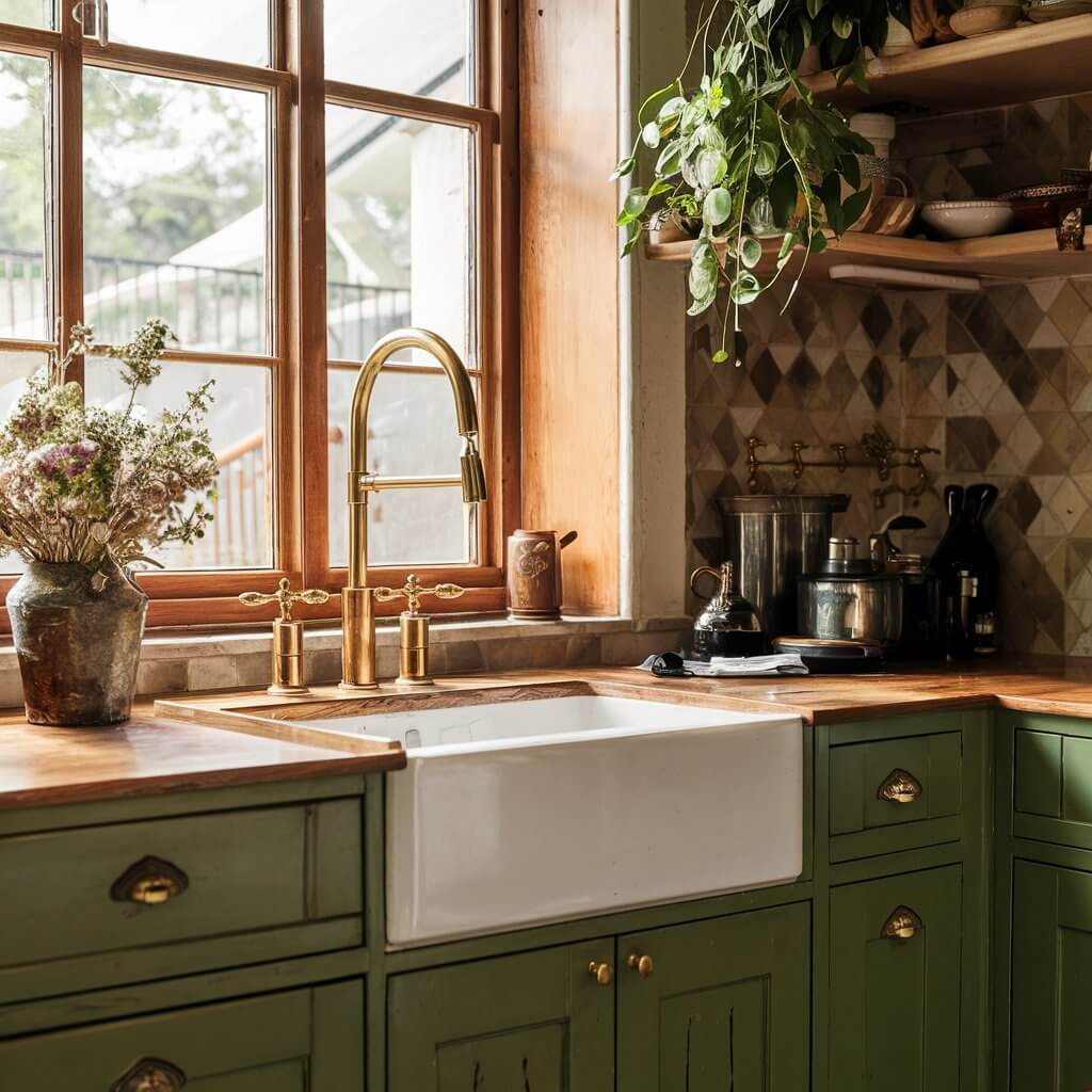 Image of brass faucets and cabinet handles in a bohemian kitchen.