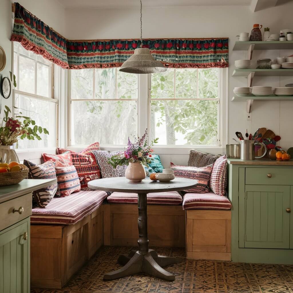 Image of a cozy breakfast nook with colorful cushions in a bohemian kitchen.