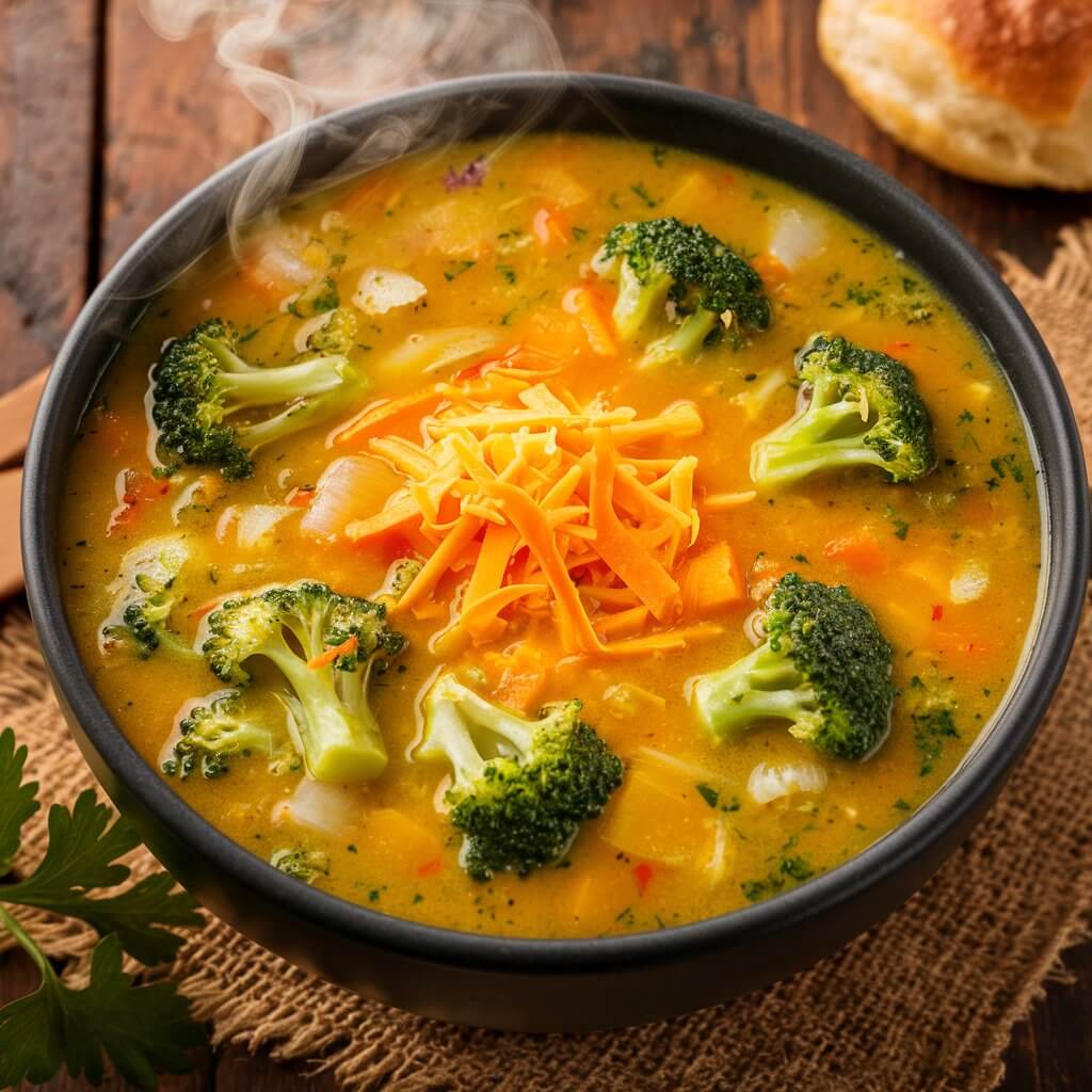 A steaming bowl of Broccoli Cheddar Soup sits invitingly on a rustic wooden table. The soup is a vibrant, creamy blend of golden cheddar cheese and tender green broccoli florets, creating a luscious and thick consistency. Small flecks of carrots and onions add pops of color and texture throughout. The surface of the soup is garnished with a sprinkle of shredded cheddar cheese, which is slowly melting into the rich, velvety broth. A crusty bread roll and a sprig of fresh parsley are placed alongside, completing this comforting and hearty dish. The scene is warmly lit, emphasizing the comforting and cozy feel of the meal.