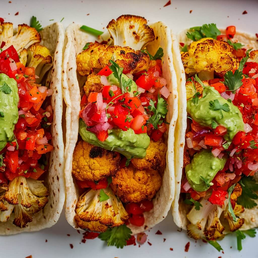 A mouthwatering, colorful plate of tacos filled with golden-brown, spiced roasted cauliflower florets. The tacos are topped with a vibrant medley of fresh ingredients, including vibrant red pico de gallo, green avocado cilantro sauce, and a sprinkling of red chili flakes. The overall presentation is inviting and delicious, with a playful mix of textures and flavors.