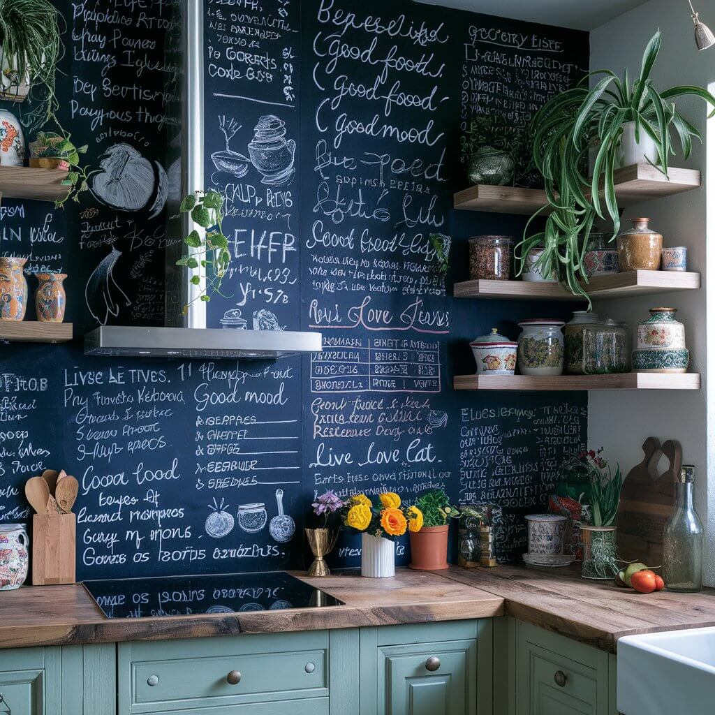 a close-up shot of a The image features a bohemian-style kitchen with a prominent chalkboard wall. The chalkboard is filled with handwritten recipes, grocery lists, and inspirational quotes, all in various fonts and sizes. The recipes are written in white chalk, and some are adorned with small doodles of ingredients like vegetables and utensils. The quotes, written in a mix of cursive and block letters, offer uplifting messages such as "Good food, good mood" and "Live, Love, Eat." The bohemian kitchen exudes a cozy and eclectic vibe. There are open wooden shelves displaying colorful ceramics, vintage jars, and potted plants, adding splashes of green and color to the scene. The countertops are made of rustic wood, complementing the earthy tones of the room. A woven rug with geometric patterns lies in front of the chalkboard wall, enhancing the boho aesthetic. Soft natural light filters through a nearby window, casting a warm glow on the chalkboard and creating a welcoming atmosphere. The overall scene is lively and creative, reflecting the personality and charm of the kitchen.