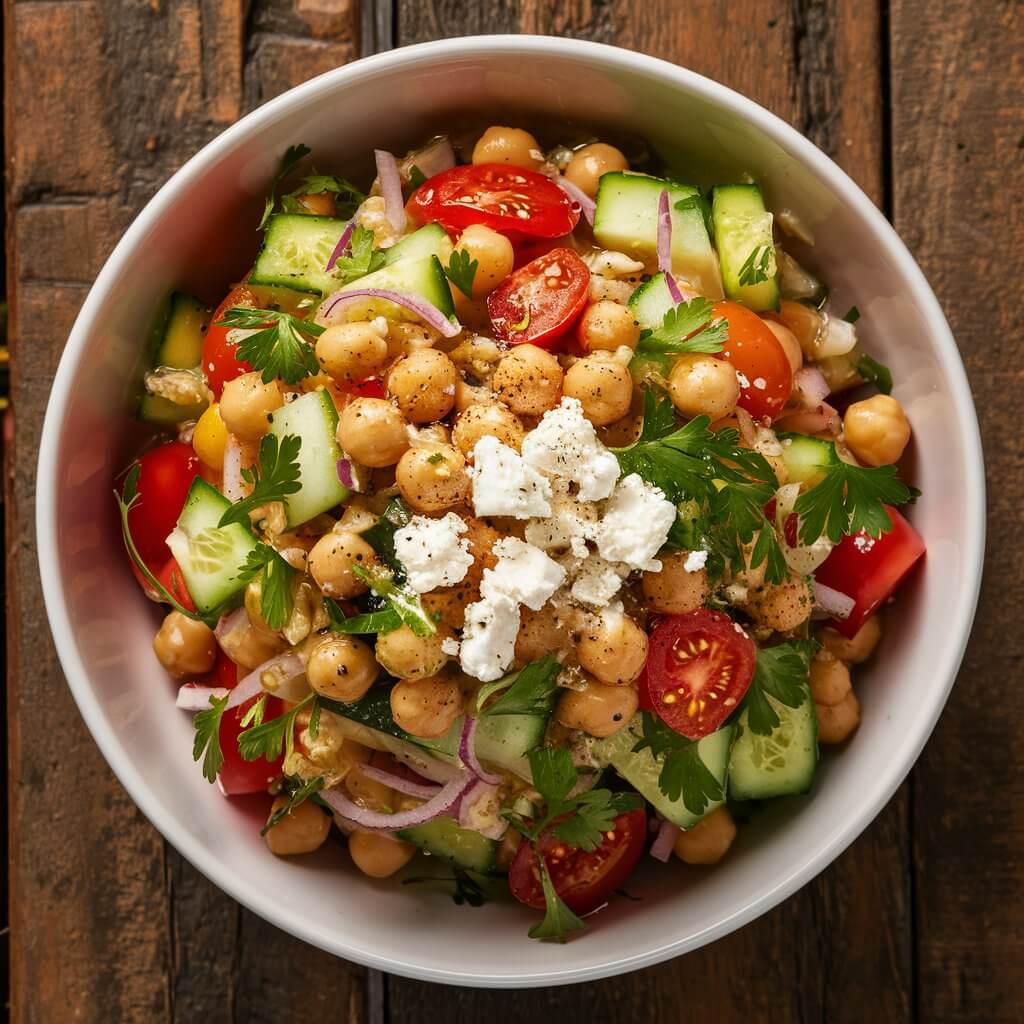 A vibrant bowl of Chickpea Salad, featuring a colorful mix of diced cucumbers, cherry tomatoes, red onions, and fresh parsley, tossed with tender chickpeas and drizzled with a tangy lemon vinaigrette. The salad is garnished with crumbled feta cheese and a sprinkle of black pepper, served on a rustic wooden table."

This description captures the freshness, colors, and textures of a typical Chickpea Salad presentation.