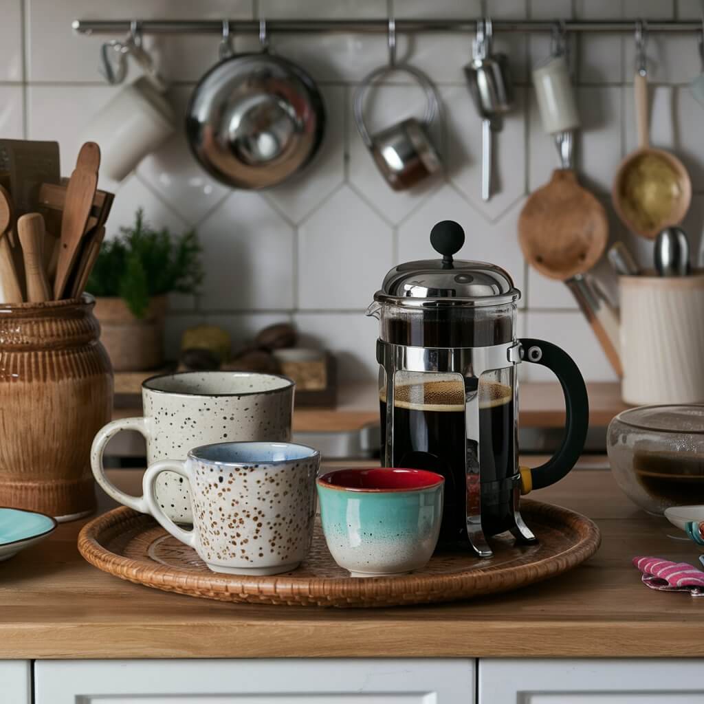 Close-up shot of a cozy coffee station in a bohemian kitchen, complete with eclectic mugs and a French press.