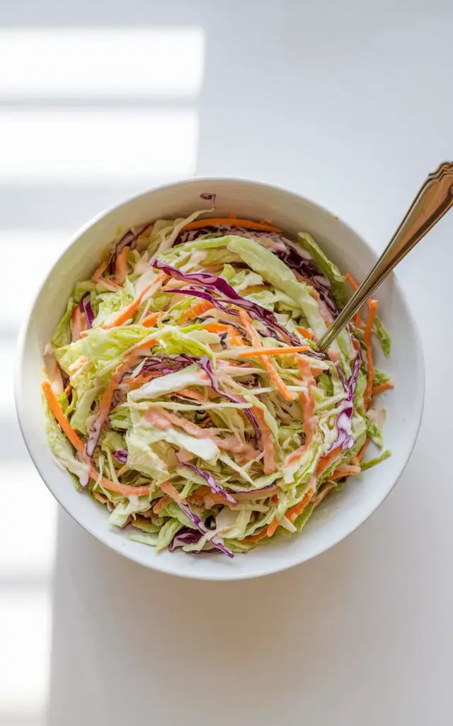 A photo of a crisp, colorful heap of freshly made creamy coleslaw in a simple white serving bowl placed on a bright plain white kitchen countertop. The shredded green and purple cabbage, along with thin ribbons of carrot, are lightly dressed in a tangy, creamy sauce that glistens in the sunlight. A silver serving spoon lies in the bowl, inviting guests to dig in. The vibrant hues and refreshing texture of this dish make it a perfect crunchy counterbalance to the rich flavors found in a Summer BBQ spread.