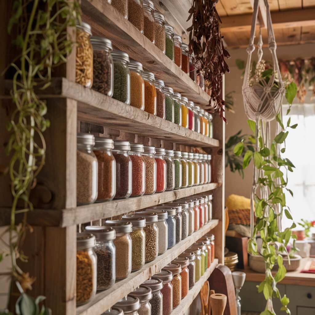 a close-up shot of a cozy bohemian kitchen is adorned with wooden shelves filled with an array of colorful jars. Each glass jar is neatly packed with vibrant spices and various grains, creating a mosaic of textures and hues. The shelves, made of rustic reclaimed wood, complement the eclectic decor of the kitchen. Dried herbs hang from the ceiling, and a woven macramé plant hanger with cascading green vines adds a touch of nature. The light filtering through a nearby window bathes the space in a warm, inviting glow, highlighting the organized yet artistic display of culinary essentials. This charming scene captures the essence of a bohemian lifestyle, blending functionality with aesthetic appeal.