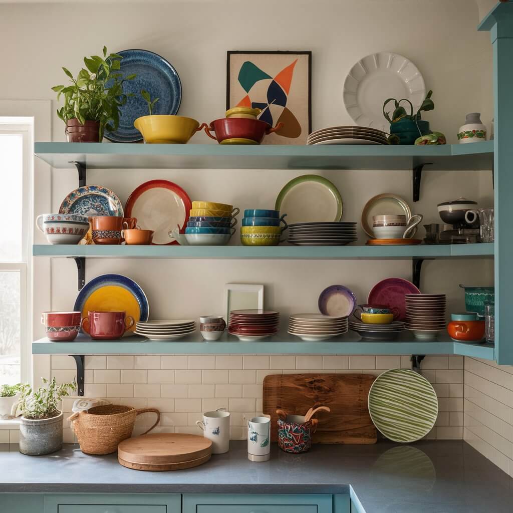 Image of colorful dishware displayed on open shelves in a bohemian kitchen.