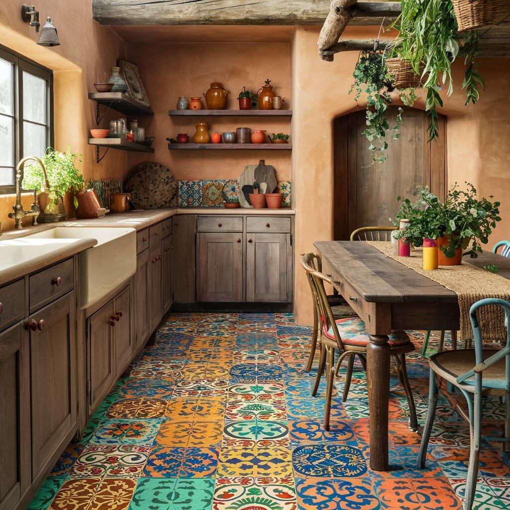 Image of a bohemian kitchen with colorful, patterned floor tiles.