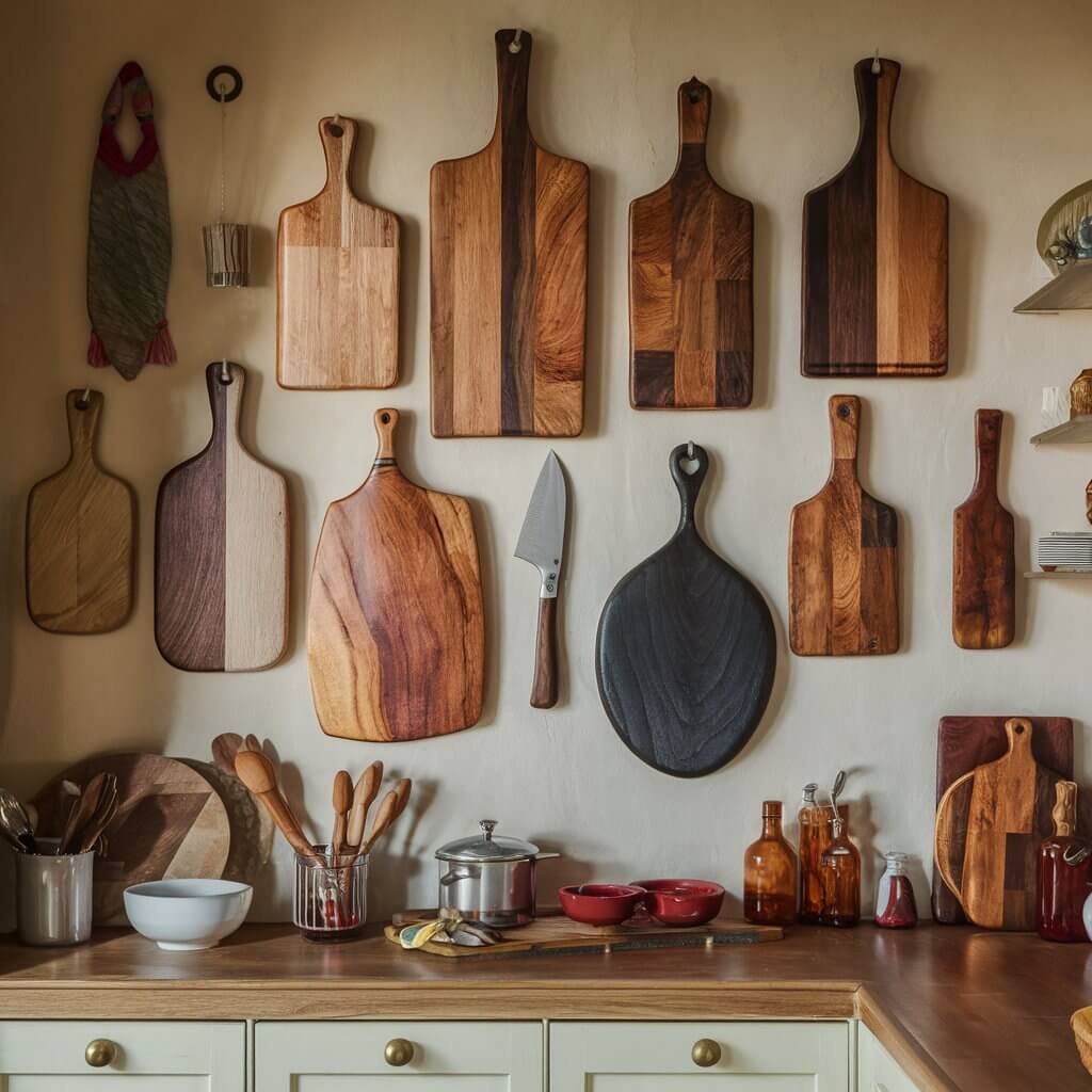 Image of various wooden cutting boards displayed on a wall in a bohemian kitchen.