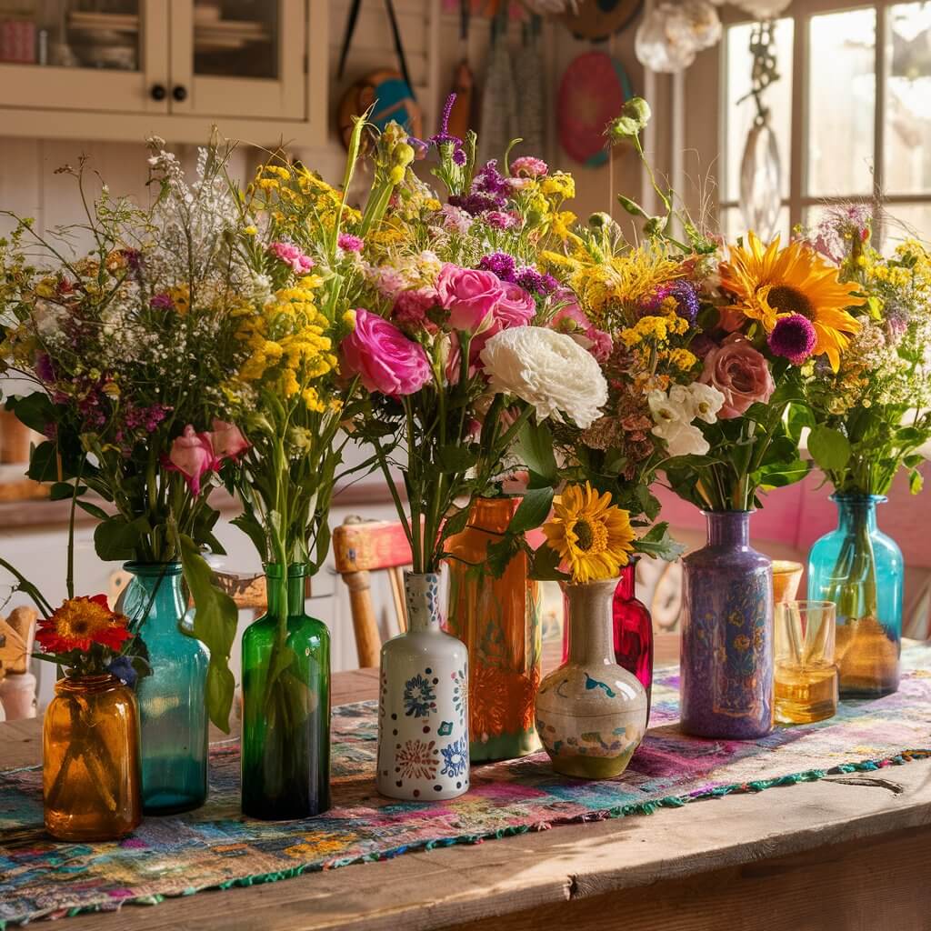 a close-up shot ofA vibrant array of fresh flowers graces a bohemian kitchen table, each bloom nestled in a charmingly mismatched vase. The table itself is a rustic wooden piece, adorned with colorful table runners and eclectic decor. The flowers, a mix of wildflowers, roses, and sunflowers, burst with vivid colors—pinks, yellows, purples, and whites—bringing an air of whimsy and natural beauty to the scene. Each vase is unique, ranging from vintage glass bottles to hand-painted ceramics, adding to the boho aesthetic. Sunlight streams through a nearby window, casting a warm glow that enhances the colors and textures, making the entire setting feel cozy and inviting.