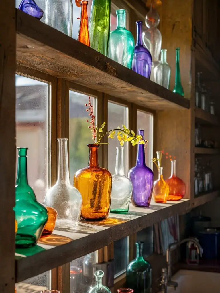 A vibrant and eclectic bohemian kitchen comes to life in this close-up shot. The rustic wooden shelves are adorned with an assortment of uniquely colored and shaped glass bottles, each serving as a delightful vase and decorative accent. Sunlight filters through the kitchen window, highlighting the translucent hues of the bottles and casting whimsical shadows on the wooden shelves. The overall atmosphere exudes warmth, creativity, and a touch of whimsy.