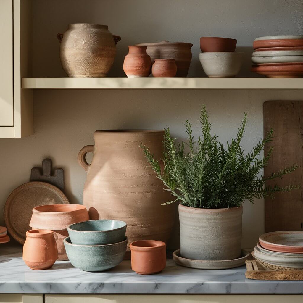 a close-up shot of Image of Displayed earthy pottery, such as clay pots, ceramic bowls, and terracotta planters in a bohemian kitchen.