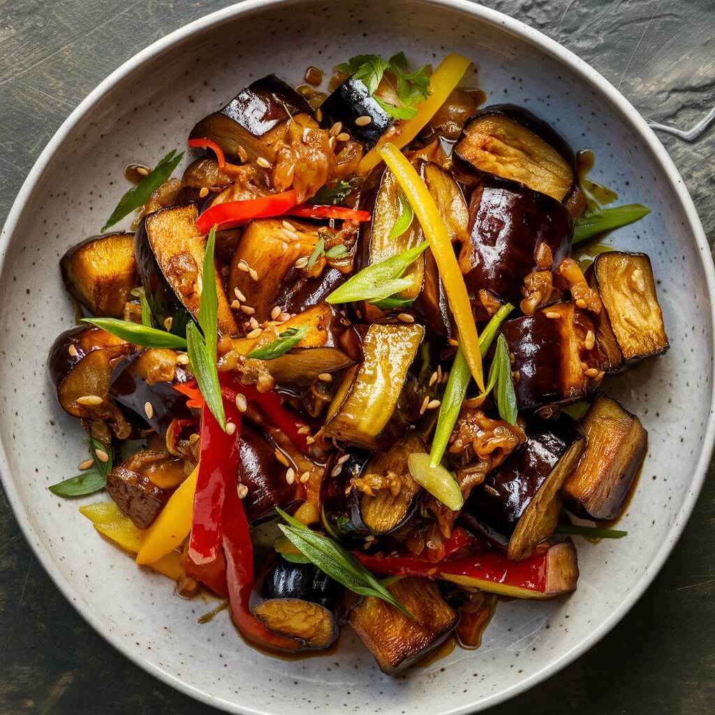 In a vibrant and enticing dish, the Eggplant Stir-Fry is served in a wide, shallow bowl. The centerpiece of the dish is the tender, glossy chunks of eggplant, sautéed to a perfect golden-brown. The eggplant pieces are evenly coated with a glistening, rich soy-based sauce that clings to their slightly caramelized edges.

Interspersed among the eggplant are bright, colorful strips of red and yellow bell peppers, adding a pop of color and a crisp texture to the dish. Thin slices of green onions are scattered throughout, their bright green hue contrasting beautifully with the deep purple of the eggplant. Flecks of minced garlic and ginger are visible, giving the dish a hint of aromatic warmth.

The stir-fry is garnished with a generous sprinkle of sesame seeds, adding a touch of crunch and a nutty flavor. Fresh cilantro leaves are placed delicately on top, adding a burst of fresh, green color. A few slices of fresh red chili are arranged artfully, providing a hint of heat and a splash of vibrant red.

The dish sits atop a bed of steamed white rice, which is fluffy and perfectly cooked, soaking up the flavorful sauce. The overall presentation is inviting and colorful, with a balance of textures and flavors that promises a delicious and satisfying meal.