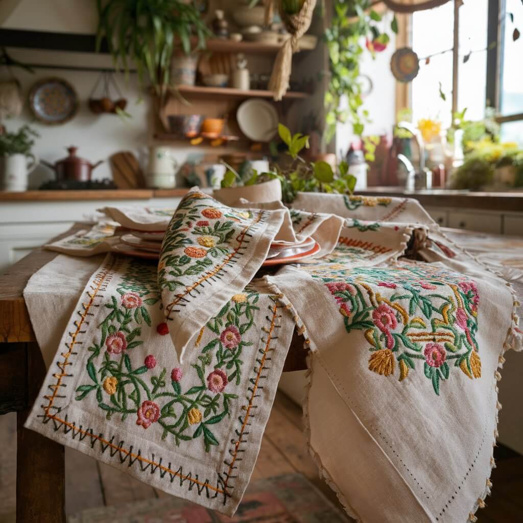 a close-up shot of a cozy bohemian kitchen, a charming collection of embroidered linens is on display. The table runners and napkins feature intricate patterns in vibrant colors, blending floral motifs with geometric designs. They are laid out on a rustic wooden table, adding a touch of elegance and warmth to the space. The kitchen is filled with eclectic decor, including hanging plants, vintage dishware, and colorful ceramics, creating an inviting and artistic atmosphere. The sunlight streaming through a nearby window highlights the delicate stitches and the rich textures of the linens, making them the focal point of the room.