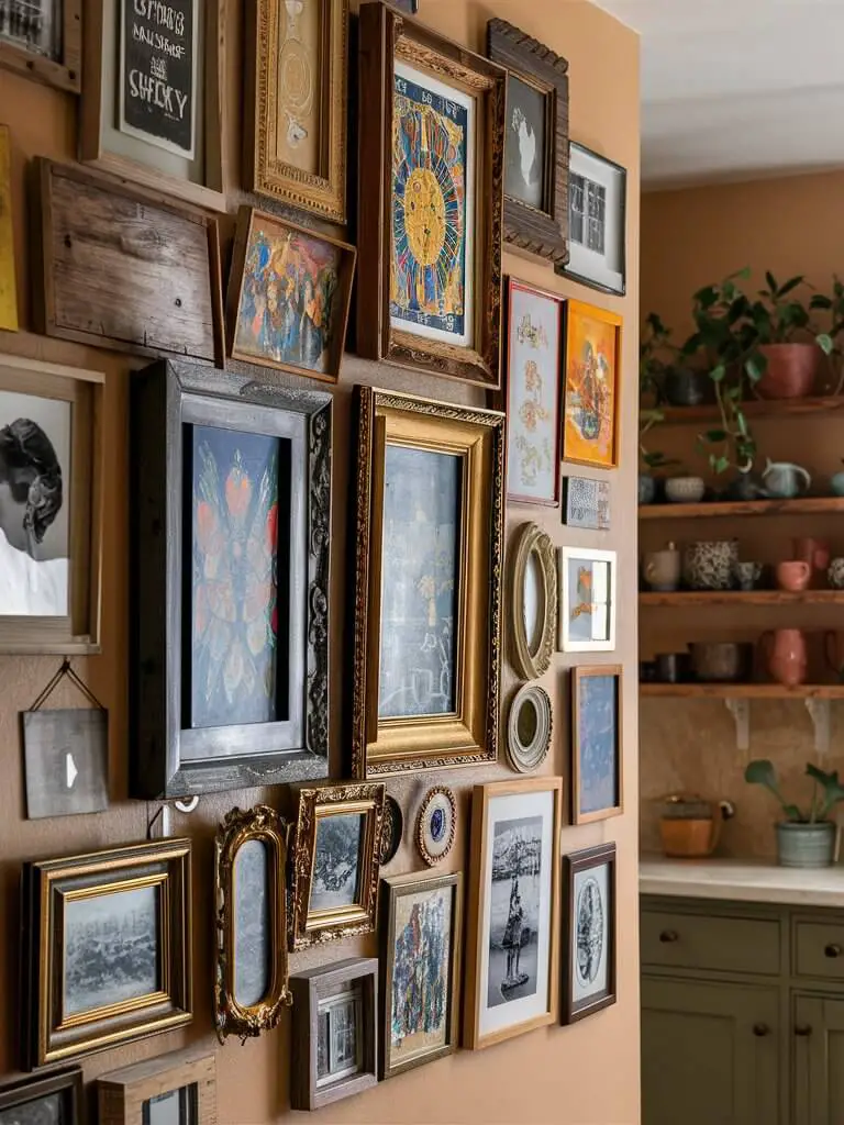 a close-up shot of The gallery wall in the bohemian kitchen is an eclectic mix of artwork and photos, creating a vibrant and personalized focal point. The wall is adorned with various-sized frames, housing an array of colorful paintings, vintage prints, and black-and-white photographs. Each piece has its own unique style, yet they harmonize together, reflecting a sense of artistic freedom and individuality. The frames themselves are a mix of materials and finishes—wood, metal, and ornate gilded frames—adding to the eclectic charm. The surrounding kitchen features warm, earthy tones, rustic wooden shelves filled with an assortment of ceramics and plants, and an inviting, cozy ambiance that complements the creative gallery wall.