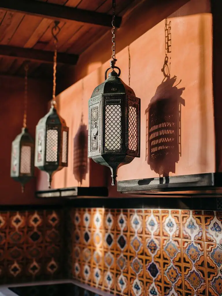 A close-up image of a vibrant bohemian kitchen, where cultural diversity is celebrated. Moroccan lanterns hang from the ceiling, casting intricate shadows against the warm, adobe-colored walls. The backsplash features Mexican tiles with intricate patterns, adding a burst of color and folklore. The atmosphere is a harmonious blend of global influences, creating a cozy, eclectic space that invites warmth and conversation.