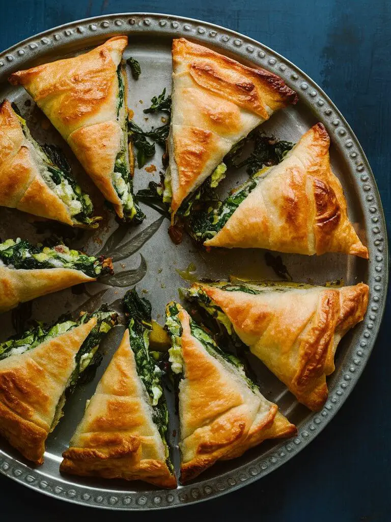 Golden-brown, perfectly baked triangles of spanakopita are neatly arranged on a decorative platter. The crisp, flaky layers of phyllo dough glisten with a light brush of olive oil, while hints of the vibrant green spinach and creamy feta filling peek through the edges.