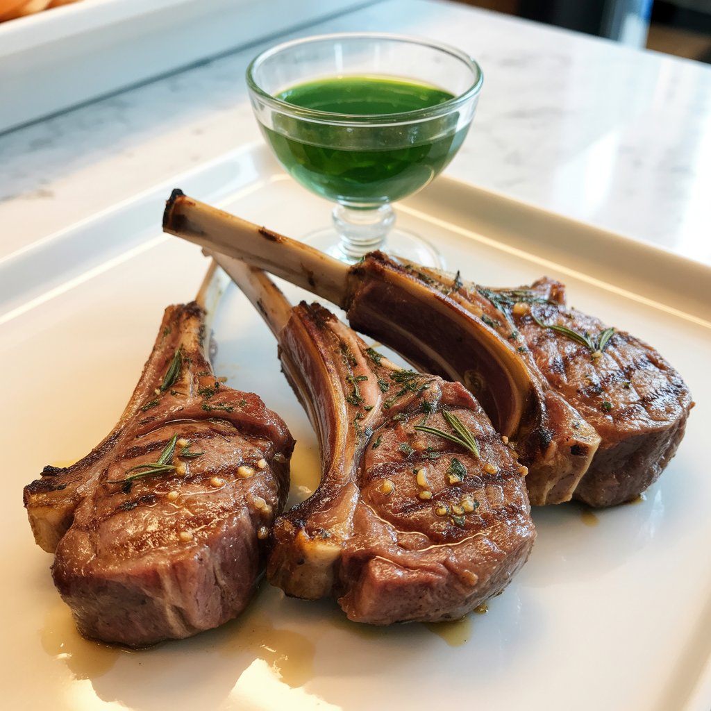 A photograph of three thick, grilled lamb chops artfully arranged in a fan on a pristine white platter. Each chop boasts a deeply browned, seared crust, revealing tender, perfectly cooked meat speckled with tiny flecks of fresh rosemary and garlic, glistening under warm natural light. A small, elegant glass cup filled with bright green mint jelly sits subtly to the side, complementing the rich aroma of the lamb. The platter rests on a bright white kitchen countertop, where the depth of the lamb's color and the intricate grill marks are sharply defined, creating a visually appealing gourmet presentation.