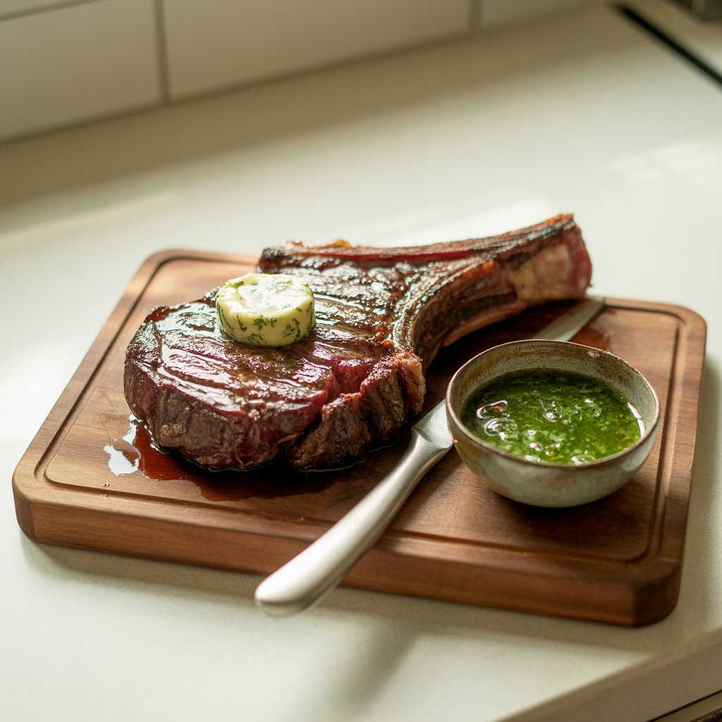 A photograph of a thick, perfectly seared grilled ribeye steak resting on a simple, rustic brown wooden cutting board. The steak showcases deep brown char lines and rich marbling, with a glistening knob of herb butter slowly melting into the grooves, beside a gleaming carving knife. A small ceramic bowl filled with vibrant green chimichurri sauce sits to the side, while the entire arrangement is dramatically positioned on a bright, clean white kitchen countertop under warm, diffused natural light. The scene conveys a sense of summer indulgence, highlighting the steak’s juicy tenderness and inviting aroma.