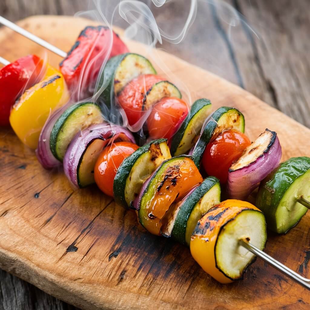 Grilled vegetable skewers arranged on a rustic wooden board. The skewers are laden with colorful chunks of bell peppers, zucchini, cherry tomatoes, and red onions, all charred to perfection. Wisps of smoke rise from the tender vegetables, highlighting their caramelized edges. The vibrant colors of the vegetables contrast beautifully against the natural wood backdrop, showcasing a tantalizing and healthy summer dish.