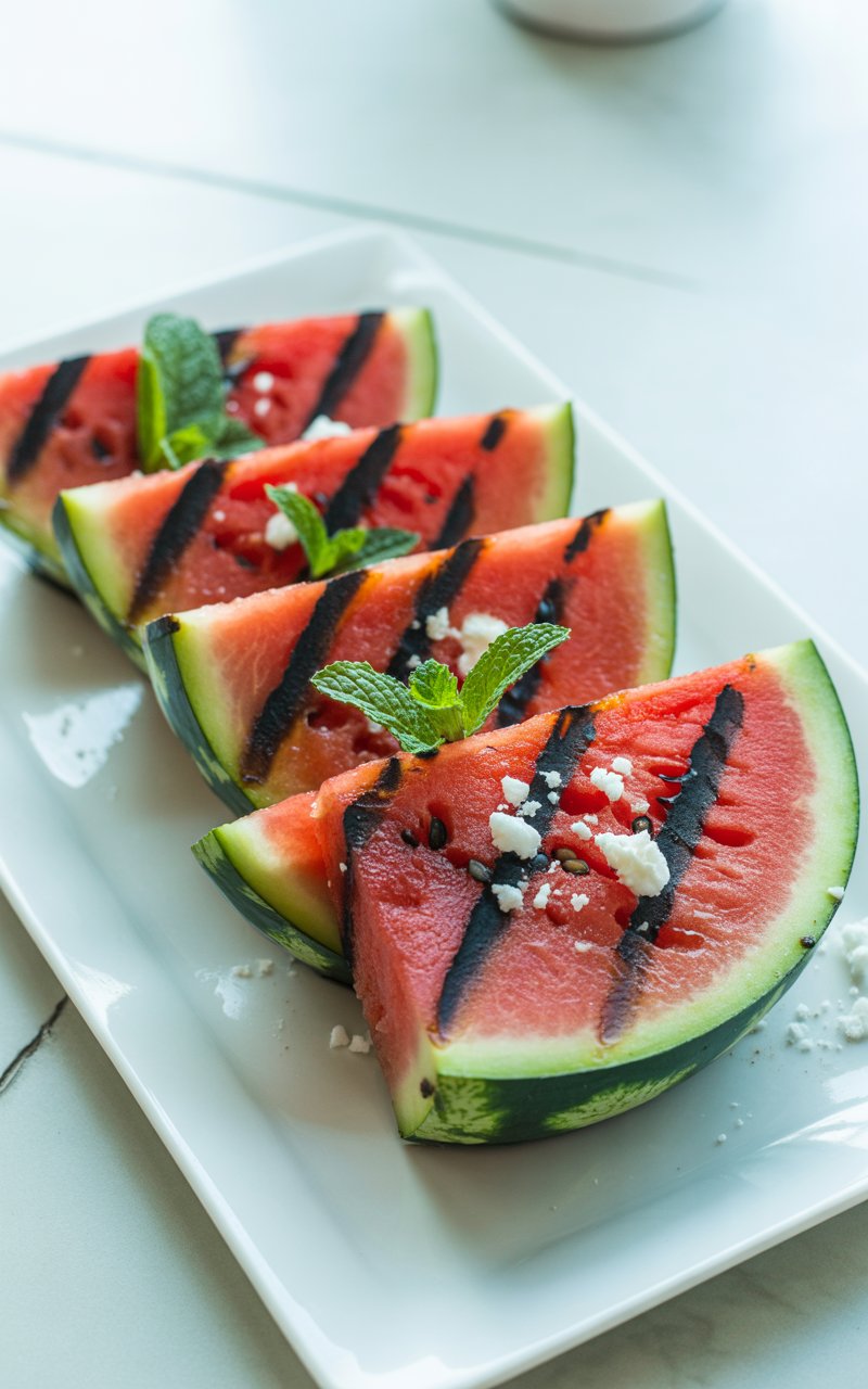 A photograph showcases thick wedges of grilled watermelon artfully arranged on a pristine white rectangular plate. Each slice boasts subtle char marks that dramatically contrast with the vibrant red flesh and dark green rind, while a delicate sprinkle of sea salt and crumbled feta adds an unexpected savory element. Fresh mint leaves are strategically placed to create a cooling aroma and visual contrast against the watermelon’s hues. Soft, diffused natural light illuminates the scene, highlighting the textures and colors, and the plate sits on a bright, clean kitchen countertop.