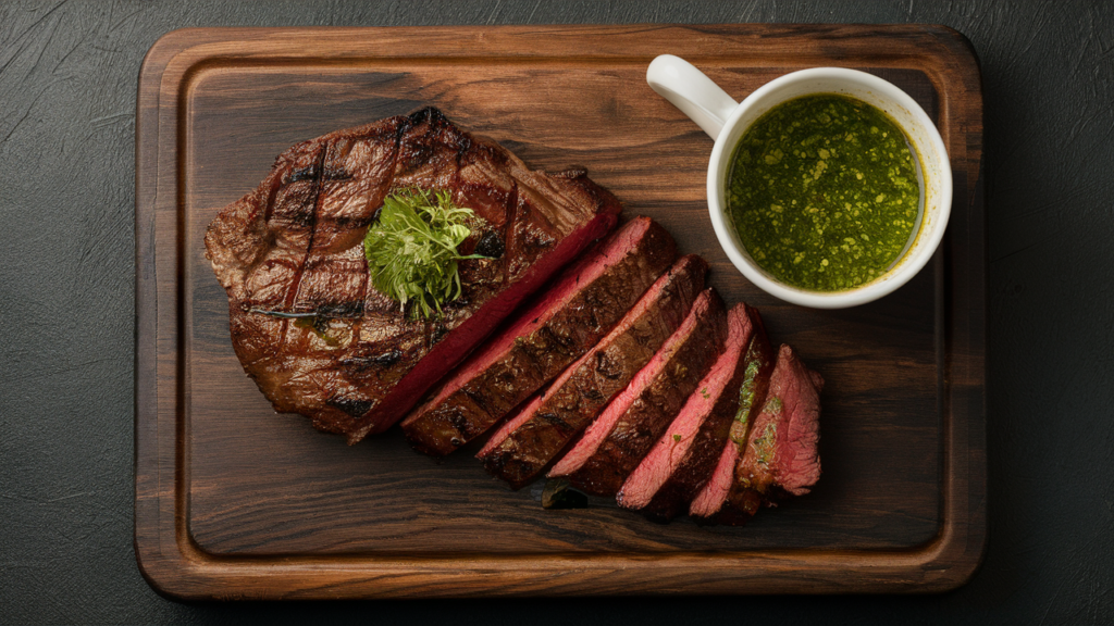 A juicy grilled steak sliced and served with a side of chimichurri sauce.