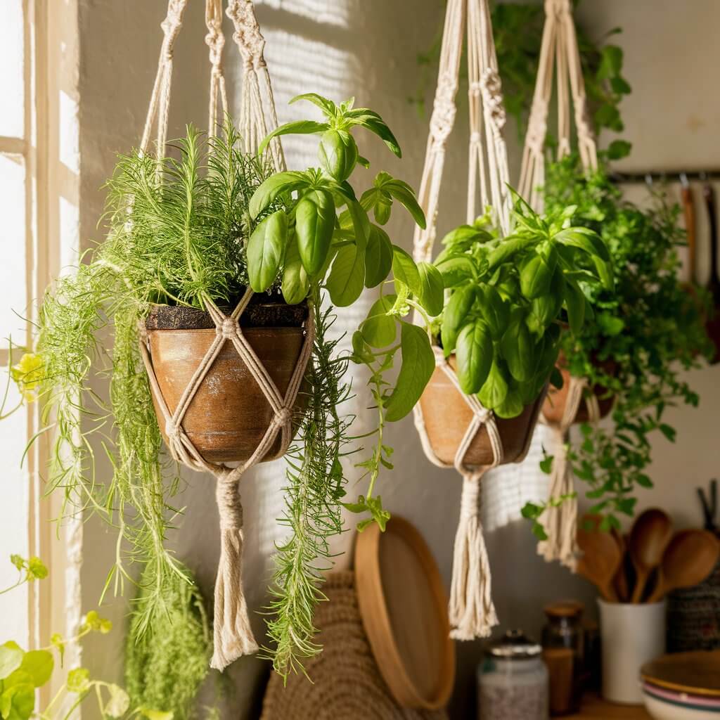 a close-up shot of a In a bohemian kitchen, hanging herb planters adorn the space, adding a vibrant touch of greenery. Basil and rosemary thrive in rustic pots suspended by macramé hangers, their lush leaves cascading gracefully. Soft sunlight filters through a nearby window, casting gentle shadows that dance across the textured walls. The herbs bring a fresh, earthy aroma, blending with the eclectic decor of woven rugs and vintage utensils, creating a cozy and inviting atmosphere.