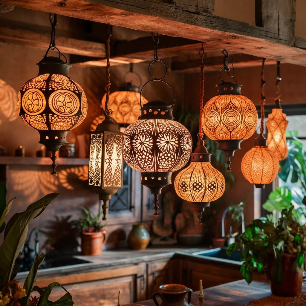 a close-up shot of A cozy bohemian kitchen is bathed in warm, ambient light from hanging lanterns. Each lantern showcases intricate, handcrafted designs, casting beautiful patterns on the walls and ceiling. The lanterns, in various shapes and sizes, dangle from rustic wooden beams, adding an eclectic charm to the space. Earthy tones and rich textures dominate the kitchen, with woven rugs, vintage pottery, and lush potted plants completing the boho vibe. The overall atmosphere is inviting and relaxed, perfect for creative cooking and intimate gatherings.