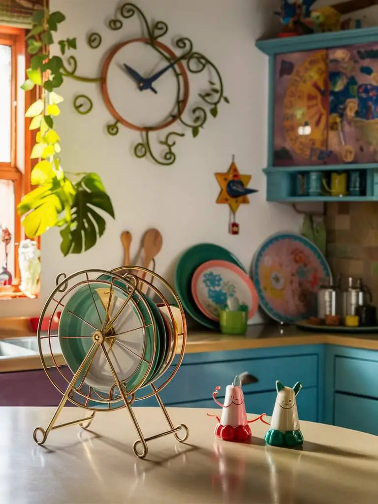 a close-up shot of a In a bohemian kitchen, whimsy reigns supreme. A quirky clock hangs on the wall, its hands shaped like swirling vines. Nearby, a playful dish rack shaped like a miniature ferris wheel holds colorful plates. On the countertop, whimsical salt and pepper shakers resembling tiny animals add a touch of charm. These elements infuse the space with creativity and a sense of playful spirit.