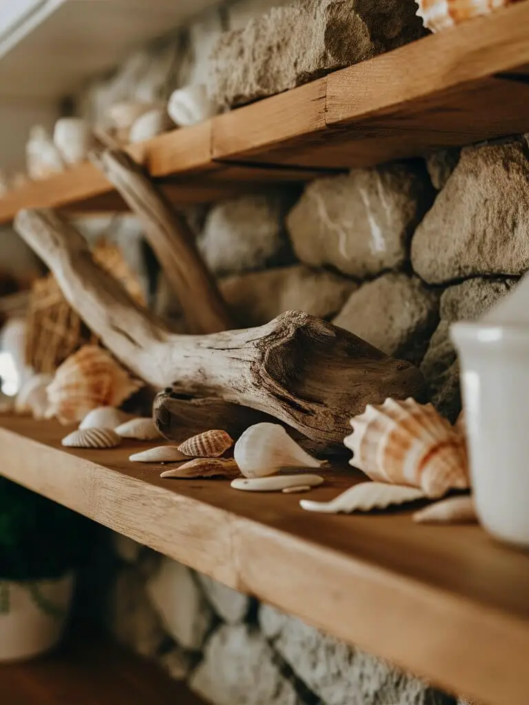 a close-up shot of a bohemian kitchen, natural elements blend seamlessly with decor. Driftwood, weathered and smooth, rests against a backdrop of rough-hewn stones. Seashells, delicately scattered, catch the light, their pearlescent sheen reflecting warmth onto rustic wooden shelves. This eclectic arrangement brings the serenity of the seaside indoors, harmonizing organic textures with the kitchen's free-spirited charm.