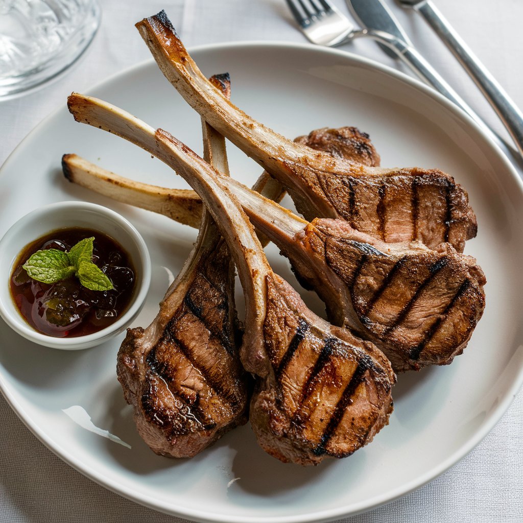 A delectable plate of lamb chops, cooked to perfection and adorned with bold grill marks. The tender, juicy meat contrasts with the crisp, charred edges. On the side, a small dish of mint jelly adds a vibrant green touch, accentuating the flavors. The overall presentation is elegant, with a simple, yet sophisticated arrangement of the food. The tablecloth and cutlery further enhance the dining experience.