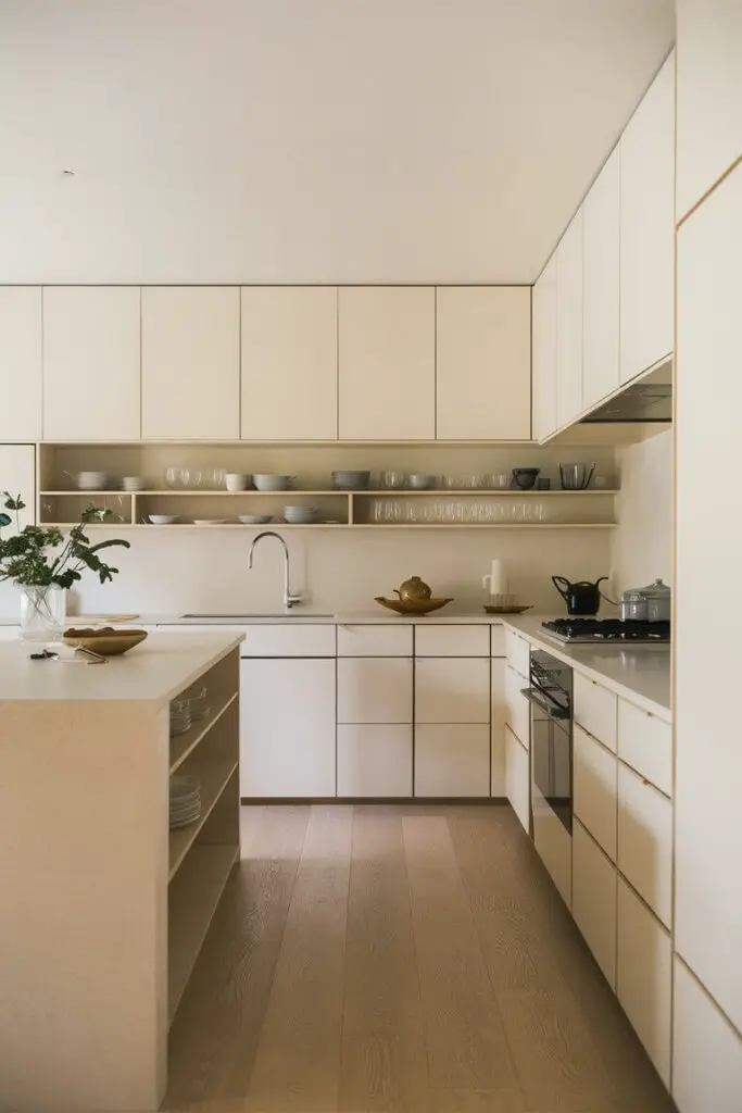 A stunning depiction of a Japandi-style kitchen, exuding tranquility and simplicity. The white cabinets, devoid of handles, blend seamlessly into the walls, while the minimalistic island showcases a sleek, unadorned countertop. A few carefully curated dishes and glassware populate the open shelving, adding just the right touch of character. The light wooden floor complements the airy atmosphere, creating a sense of openness and harmony.