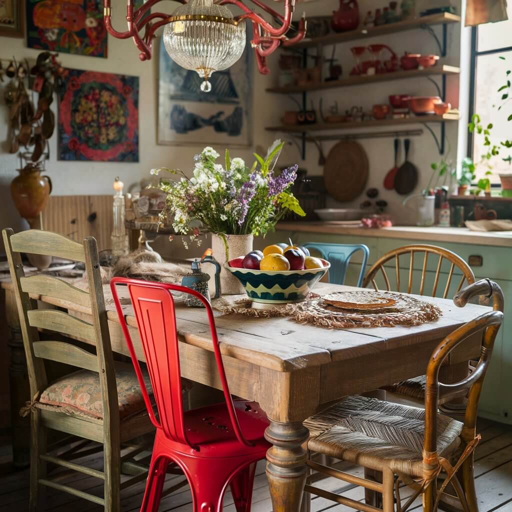 A captivating close-up shot of a bohemian kitchen table, nestled in a cozy corner, exudes an eclectic charm. The rustic wooden table, with visible grain and slight imperfections, is the focal point. Mismatched chairs surround it, each with its own story - an antique wooden chair with a faded floral cushion, a vibrant red metal chair with a sleek, modern design, and a wicker piece with natural fibers. A vintage chandelier hangs above, casting a warm, inviting glow. The table displays an assortment of items: a vase of wildflowers, a colorful ceramic bowl filled with fresh fruit, and a woven placemat. The walls are adorned with an array of artwork and shelves holding an eclectic mix of pottery and knick-knacks. The atmosphere is relaxed and inviting