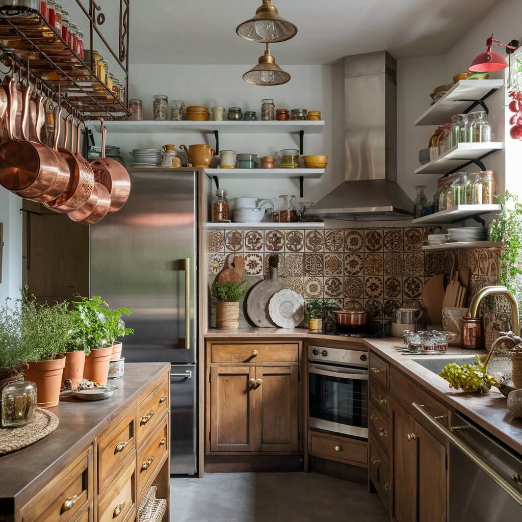 a close-up shot of a In this bohemian kitchen, the eclectic charm is evident through a harmonious mix of materials and vibrant accents. The walls are adorned with open wooden shelves, showcasing an array of mismatched ceramic dishes and glass jars filled with colorful spices. Copper pots and pans hang from a rustic wrought iron rack, their warm tones complementing the brass cabinet handles and light fixtures. A stainless steel refrigerator stands tall, its sleek surface providing a modern contrast to the vintage feel of the room. The countertops are cluttered with potted herbs, woven baskets, and artisanal cutting boards, creating a cozy, lived-in atmosphere. Patterned tiles in earthy tones cover the backsplash, adding an artistic flair to the space. The overall ambiance is one of creativity and warmth, inviting anyone who enters to feel at home.