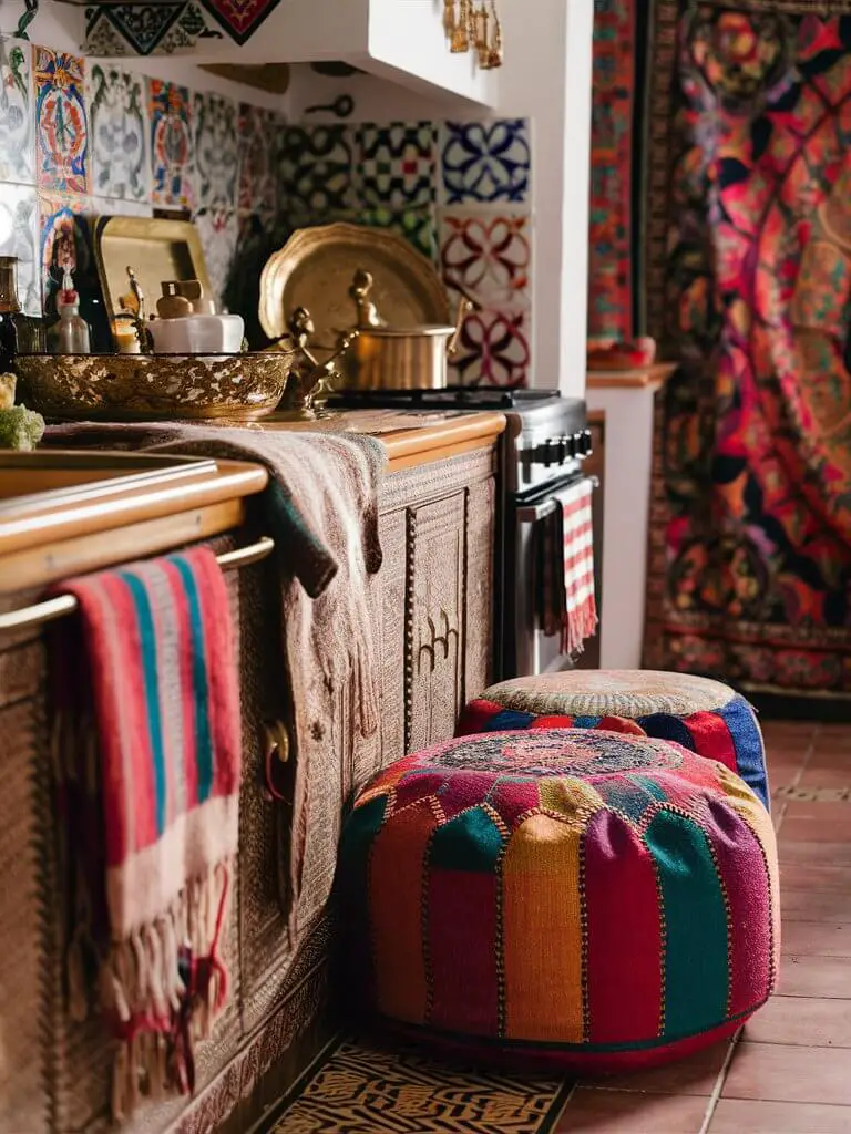 A close-up image of a bohemian kitchen filled with vibrant colors and eclectic patterns. The countertop features a mix of textiles and decor items, including a colorful Moroccan pouf, an ornate brass tray, and a striped woolen blanket. The walls showcase an assortment of patterned tiles, and a beautiful, intricately woven tapestry hangs in the background. The overall atmosphere is warm and inviting, with a sense of rich cultural diversity and comfort.