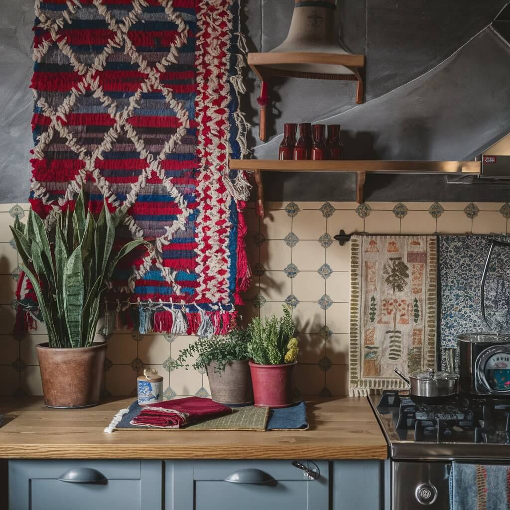 a close-up shot of Image of ethnic textiles like Moroccan rug and Indian block-printed fabrics in a bohemian kitchen.