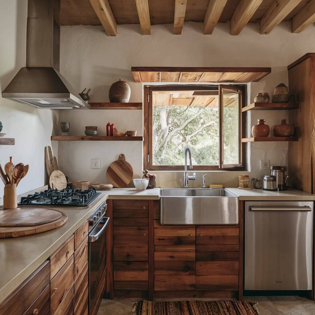 Close-up shot of a bohemian kitchen featuring wood, stone, and clay elements. The countertop has a gas stove, stainless steel kitchen sink with a faucet, and dishwasher