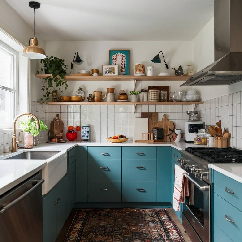 Image of a bohemian kitchen with a mix of open shelves and closed cabinets.