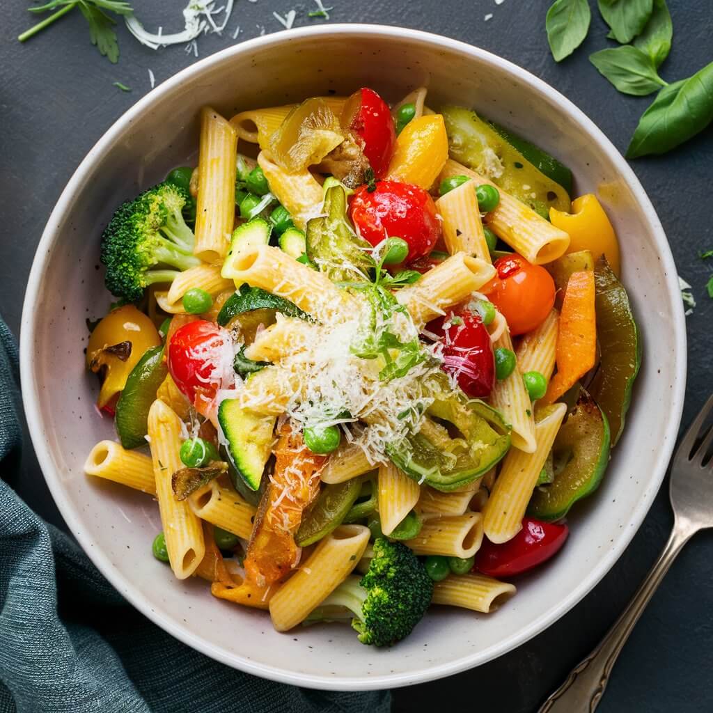 Pasta Primavera is a vibrant and appetizing dish that captures the essence of fresh, seasonal vegetables mixed with pasta. Imagine a bowl filled with al dente penne or fettuccine, each piece perfectly coated in a light, flavorful sauce made from olive oil, garlic, and a touch of white wine. The pasta is intertwined with a colorful array of sautéed vegetables: bright green broccoli florets, crisp bell peppers in shades of red and yellow, tender zucchini slices, sweet cherry tomatoes, and vibrant green peas. Freshly grated Parmesan cheese is sprinkled on top, melting slightly over the warm pasta. A garnish of chopped fresh basil and parsley adds a burst of green and a hint of aromatic freshness. The dish is served in a rustic, shallow bowl, inviting you to enjoy a taste of springtime in every bite.